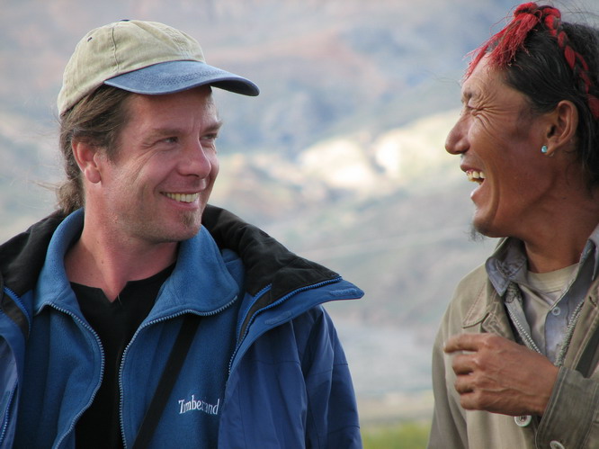 Ray chatting it up with the locals. Lhatse, Tibet.